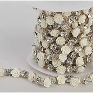 5 Yard Roll Rhinestone Chain with Ivory Rose Charms 7mm Bling Wedding Dress